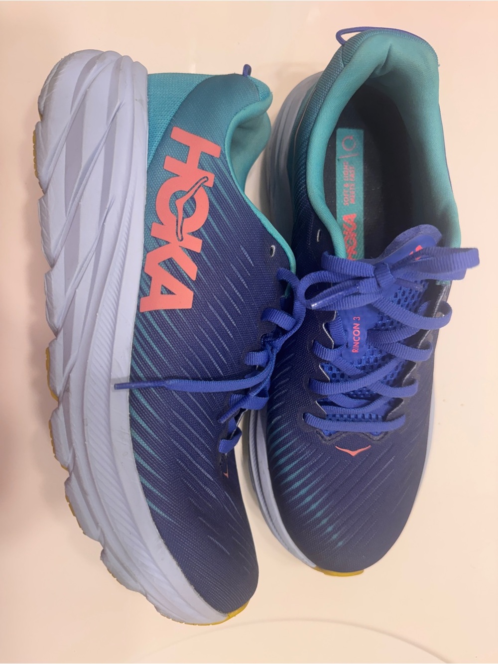 Hoka Women's Rincon 3 Running Shoes - Navy, Teal & Coral. Excellent condition.